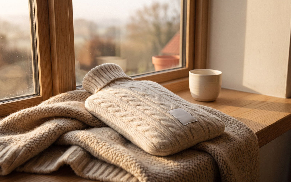 Wärmflasche mit Bezug aus 100 % Kaschmir im Zopfmuster auf einer Wolldecke am Fenster