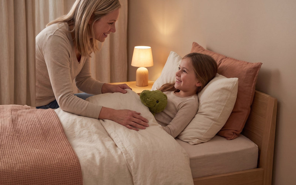 Kind liegt im Bett unter der Decke mit einer Kinderwärmflasche mit Tierbezug, die Mutter deckt es zu