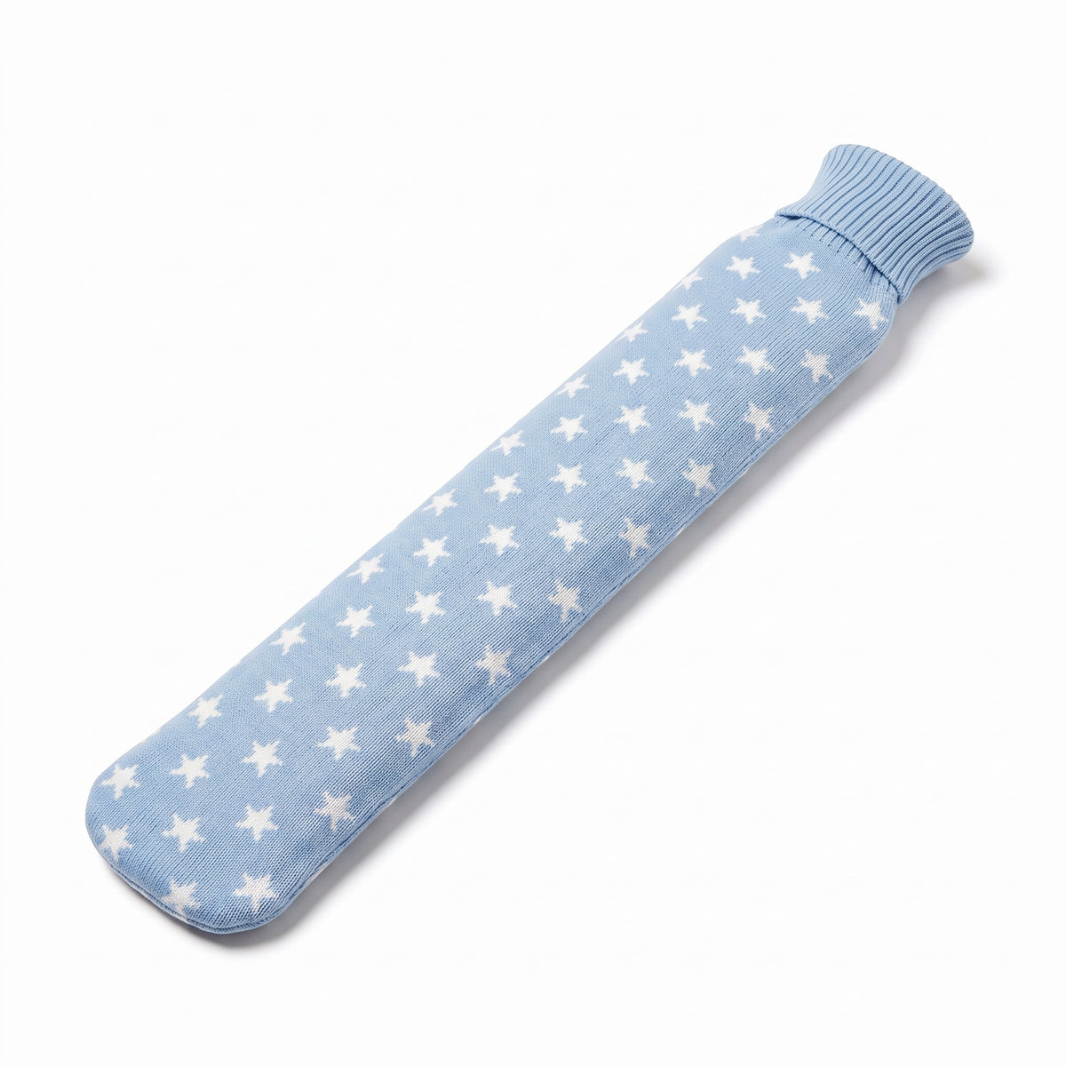 Lange Wärmflasche mit Strickbezug und Sternen, 77 cm